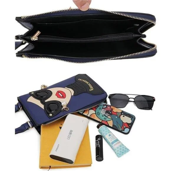 Lady Face Deep Blue Shoulder Bags Funky Vegan Leather Top Handle Satchel - Picture 2 of 6